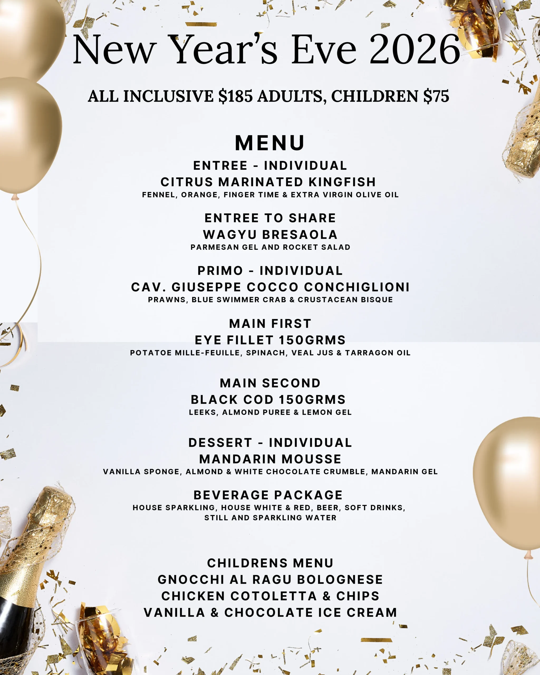New Years Eve Menu 2026